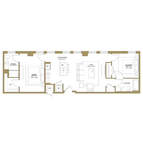 A floor plan of a house with a kitchen, living room, and two bedrooms.